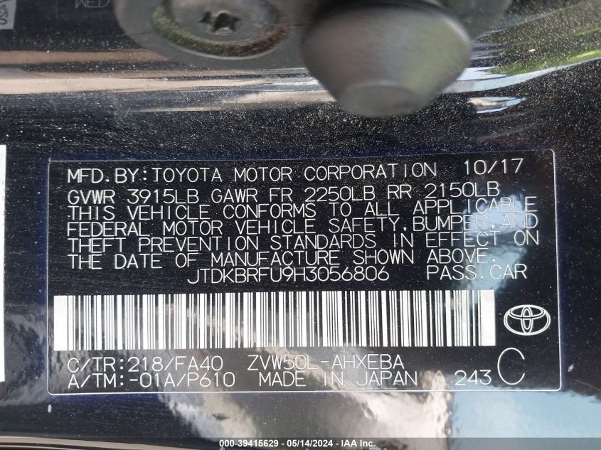 2017 Toyota Prius Two VIN: JTDKBRFU9H3056806 Lot: 39415629