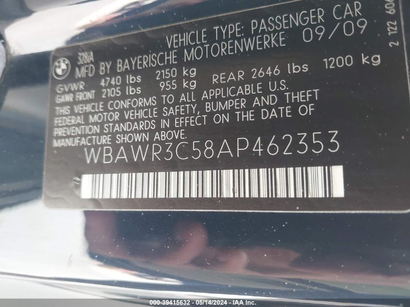 2010 BMW 328I VIN: WBAWR3C58AP462353 Lot: 39415632