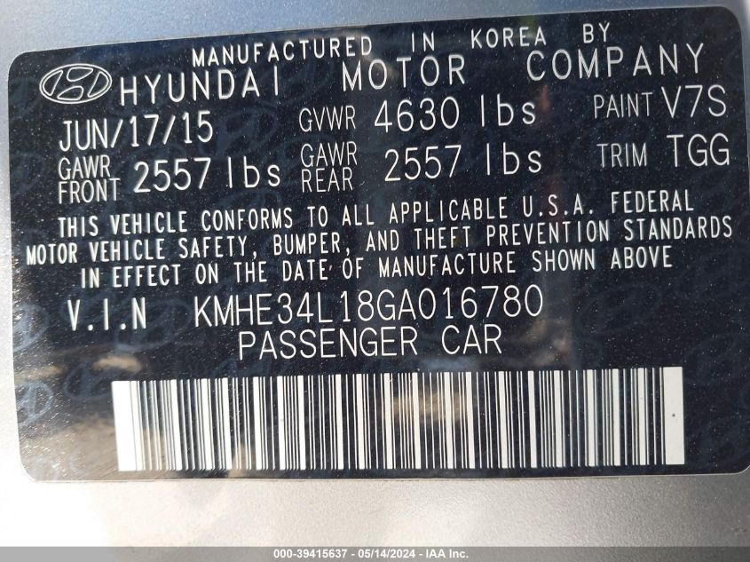 2016 Hyundai Sonata Hybrid Limited VIN: KMHE34L18GA016780 Lot: 39415637