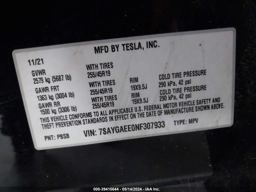 2022 TESLA MODEL Y - 7SAYGAEE0NF307933