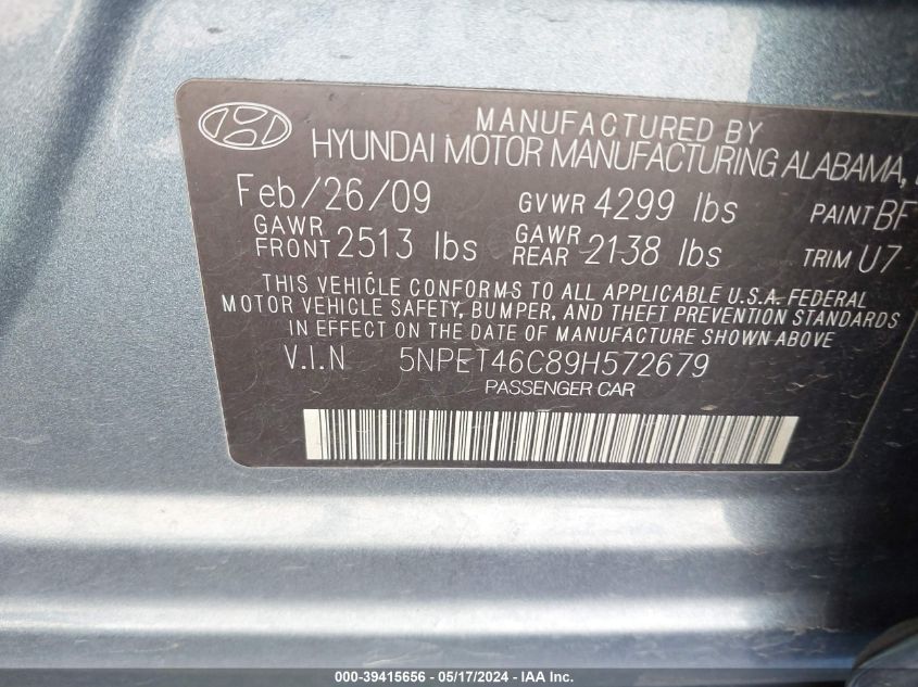 2009 Hyundai Sonata Gls VIN: 5NPET46C89H572679 Lot: 39415656