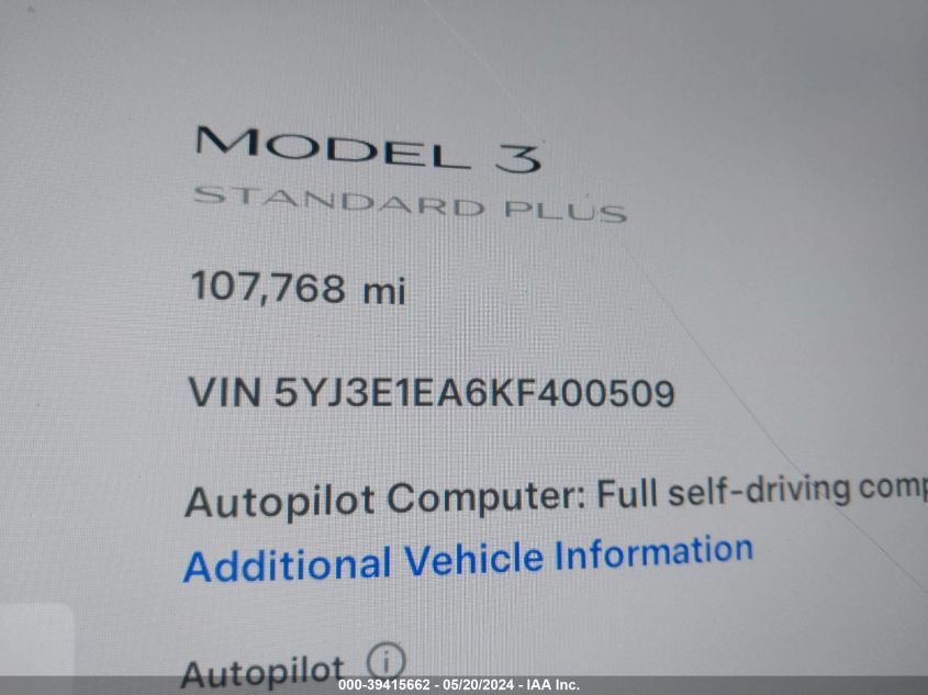 2019 Tesla Model 3 Long Range/Mid Range/Standard Range/Standard Range Plus VIN: 5YJ3E1EA6KF400509 Lot: 39415662