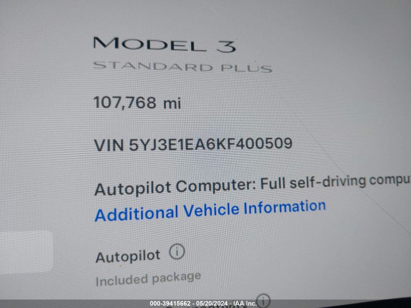 2019 Tesla Model 3 Long Range/Mid Range/Standard Range/Standard Range Plus VIN: 5YJ3E1EA6KF400509 Lot: 39415662