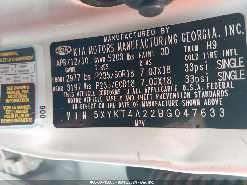 2011 Kia Sorento Lx V6 VIN: 5XYKT4A22BG047633 Lot: 39415666