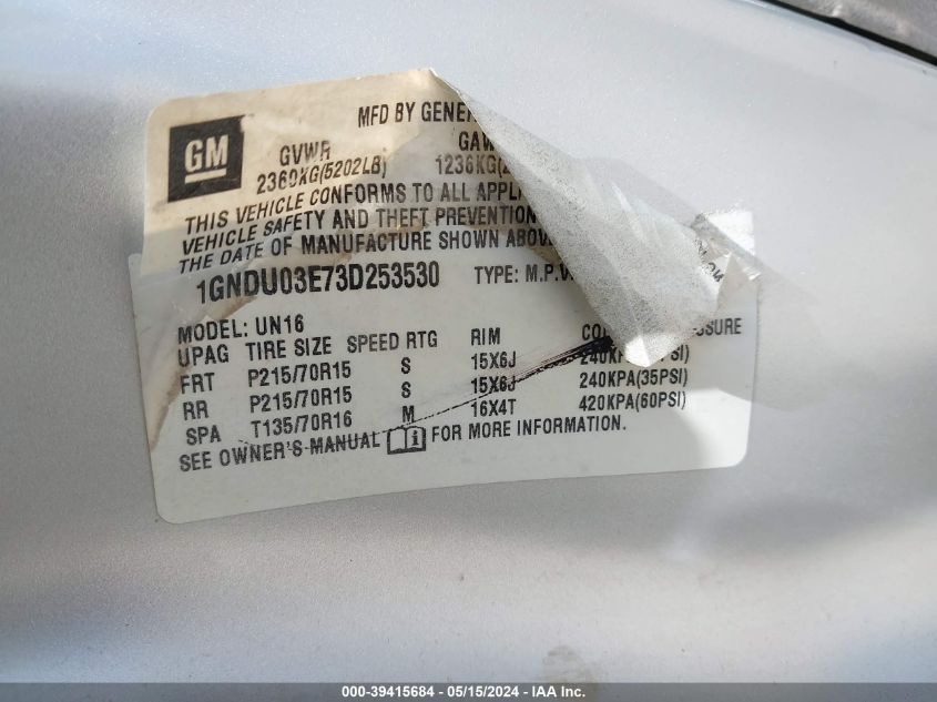 2003 Chevrolet Venture Ls VIN: 1GNDU03E73D253530 Lot: 39415684