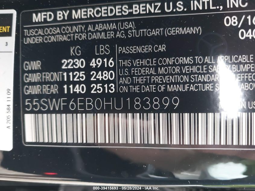 2017 Mercedes-Benz Amg C 43 4Matic VIN: 55SWF6EB0HU183899 Lot: 39415693