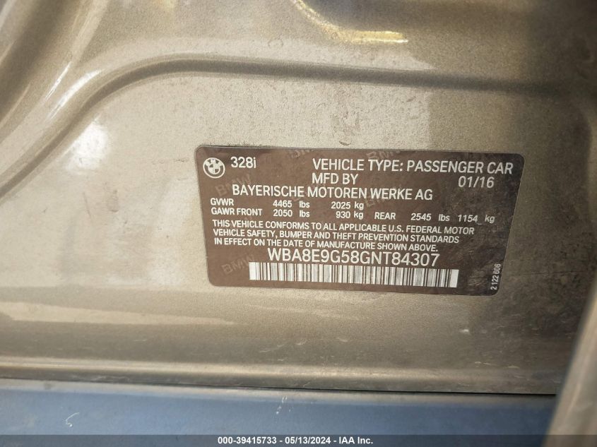 2016 BMW 328I VIN: WBA8E9G58GNT84307 Lot: 39415733