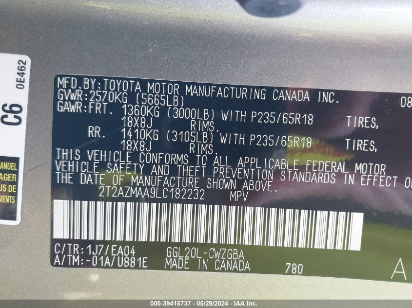 2020 Lexus Rx 350 VIN: 2T2AZMAA9LC182232 Lot: 39415737