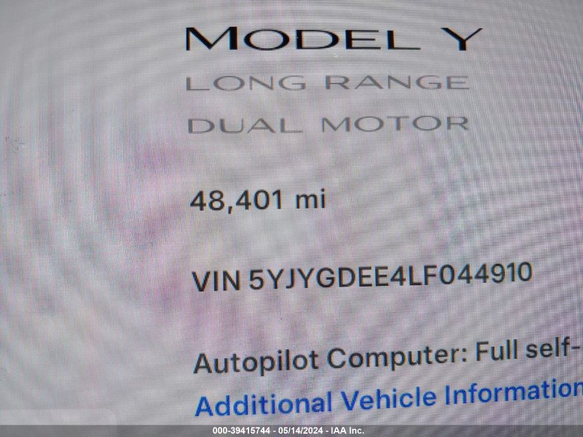 2020 Tesla Model Y Long Range Dual Motor All-Wheel Drive VIN: 5YJYGDEE4LF044910 Lot: 39415744