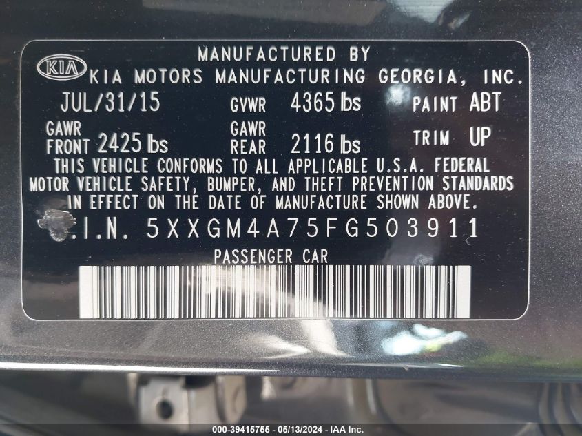 2015 Kia Optima Lx VIN: 5XXGM4A75FG503911 Lot: 39415755