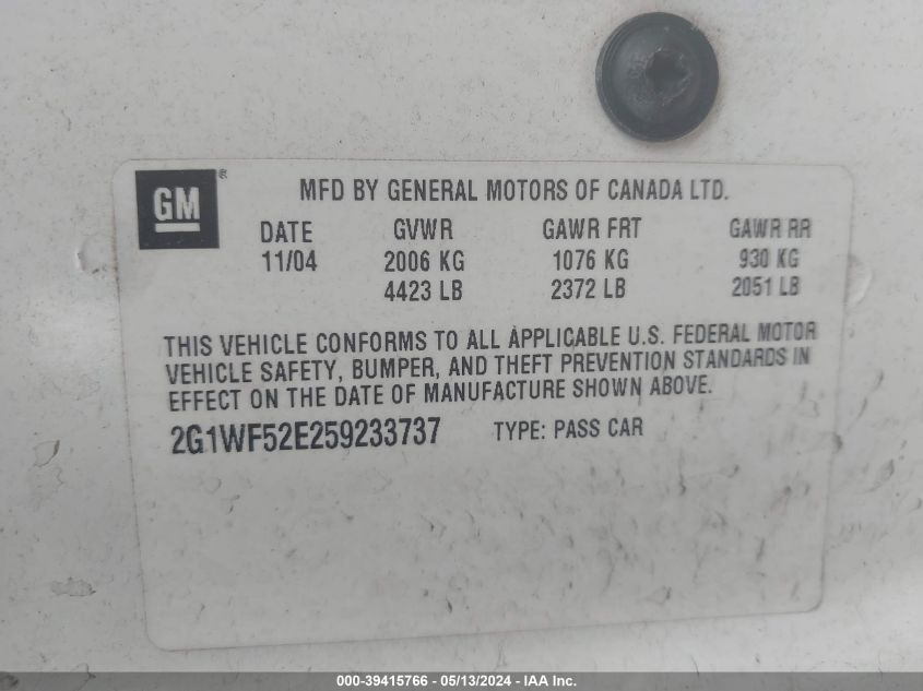 2005 Chevrolet Impala VIN: 2G1WF52E259233737 Lot: 39415766