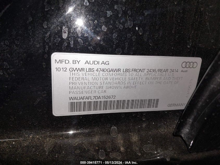 2013 Audi A4 2.0T Premium VIN: WAUAFAFL7DA152672 Lot: 39415771