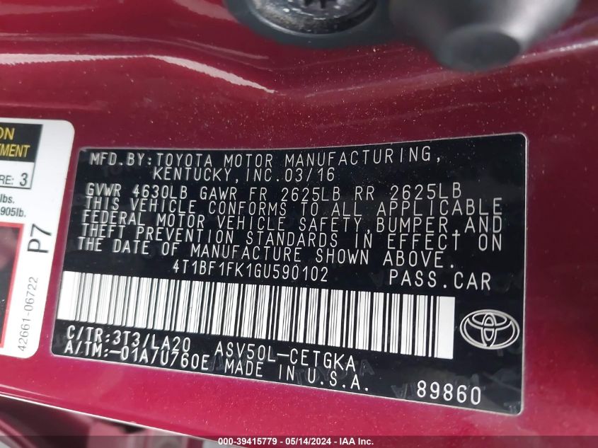 2016 Toyota Camry Xle VIN: 4T1BF1FK1GU590102 Lot: 39415779