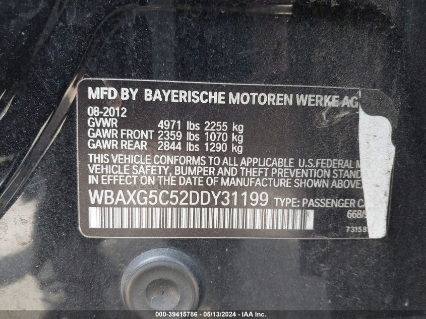 2013 BMW 528I VIN: WBAXG5C52DDY31199 Lot: 39415786