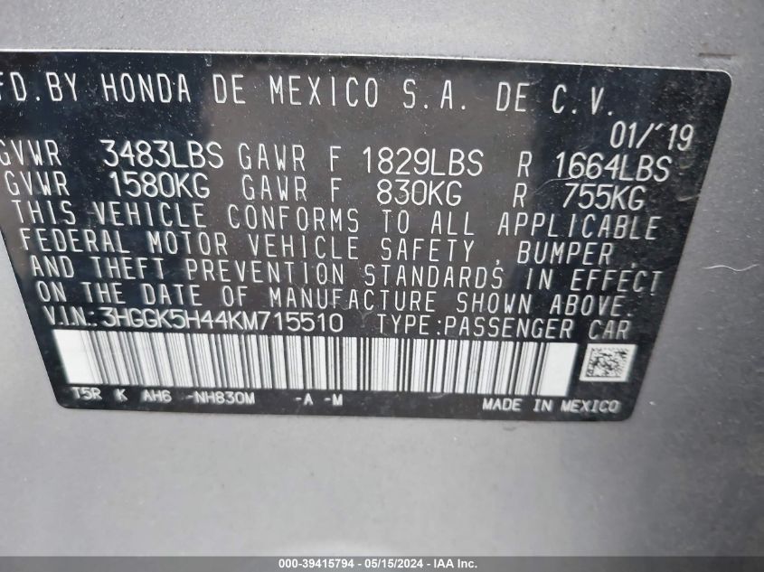 2019 Honda Fit Lx VIN: 3HGGK5H44KM715510 Lot: 39415794