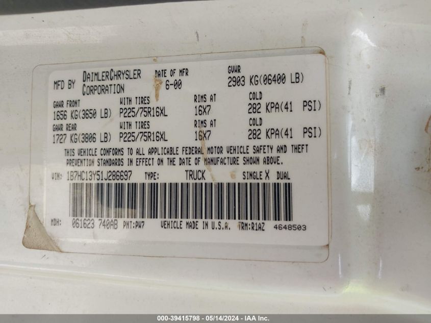 2001 Dodge Ram 1500 St VIN: 1B7HC13Y51J286697 Lot: 39415798