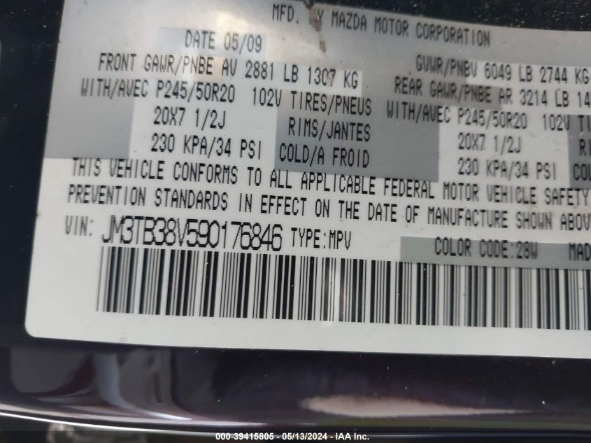 2009 Mazda Cx-9 Grand Touring VIN: JM3TB38V590176846 Lot: 39415805