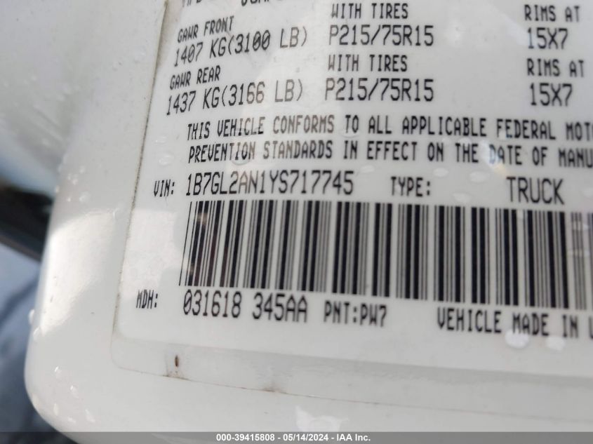 2000 Dodge Dakota Slt/Sport VIN: 1B7GL2AN1YS717745 Lot: 39415808