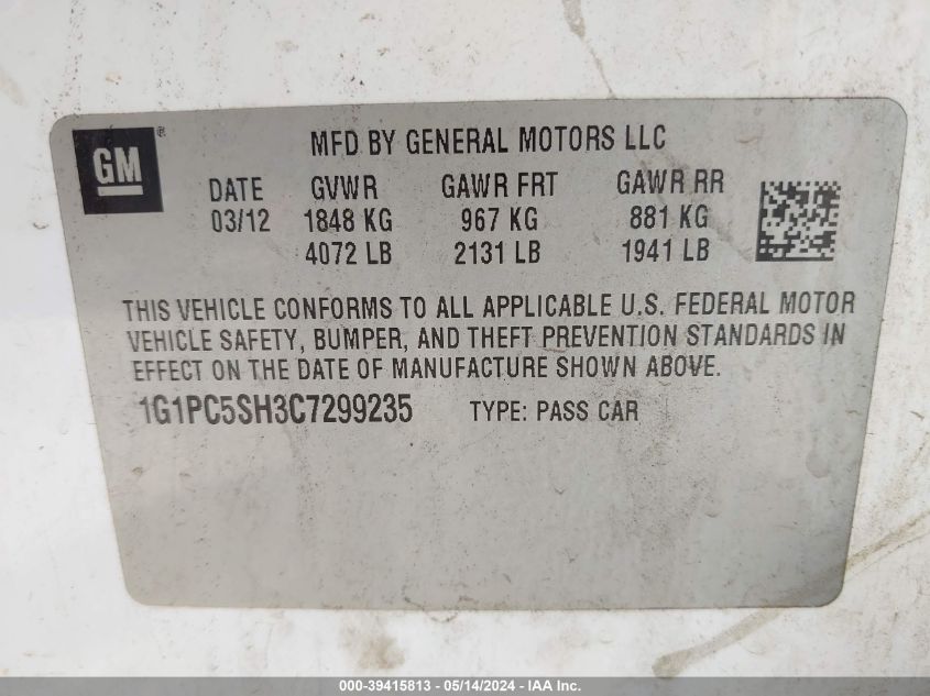 2012 Chevrolet Cruze Ls VIN: 1G1PC5SH3C7299235 Lot: 39415813