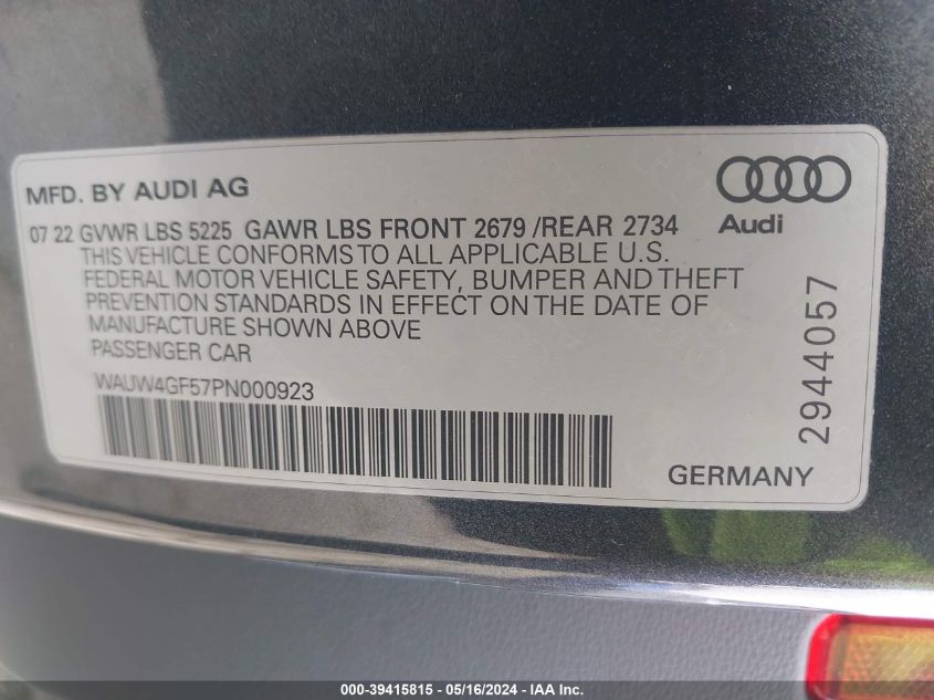 2023 Audi S5 Cabriolet Premium Plus Tfsi Quattro Tiptronic VIN: WAUW4GF57PN000923 Lot: 39415815