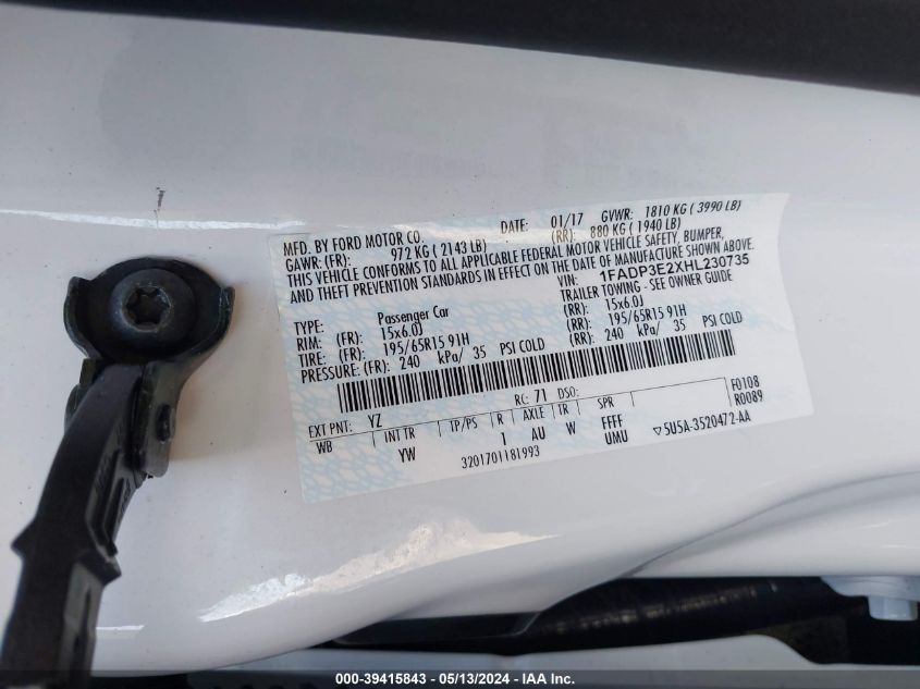 2017 Ford Focus S VIN: 1FADP3E2XHL230735 Lot: 39415843