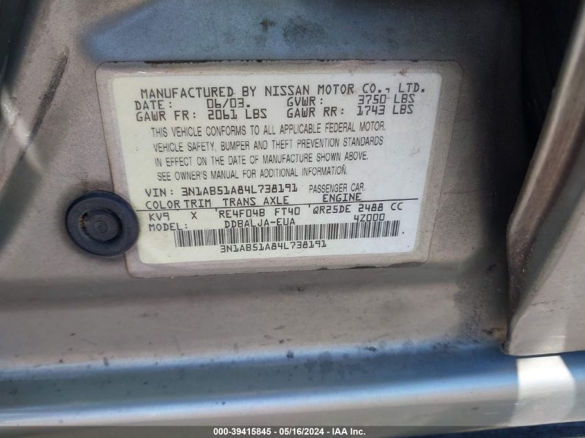 2004 Nissan Sentra 2.5S VIN: 3N1AB51A84L738191 Lot: 39415845