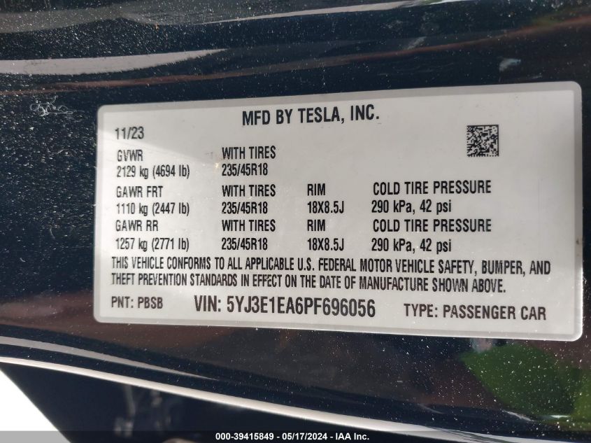 2023 Tesla Model 3 Rear-Wheel Drive VIN: 5YJ3E1EA6PF696056 Lot: 39415849