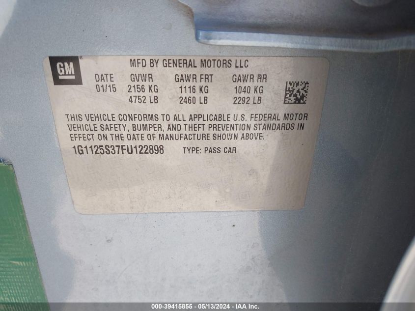 2015 Chevrolet Impala 2Lt VIN: 1G1125S37FU122898 Lot: 39415855