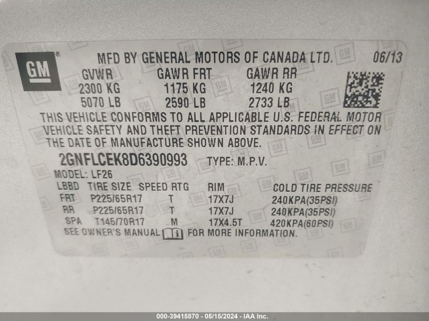 2013 Chevrolet Equinox Ls VIN: 2GNFLCEK8D6390993 Lot: 39415870
