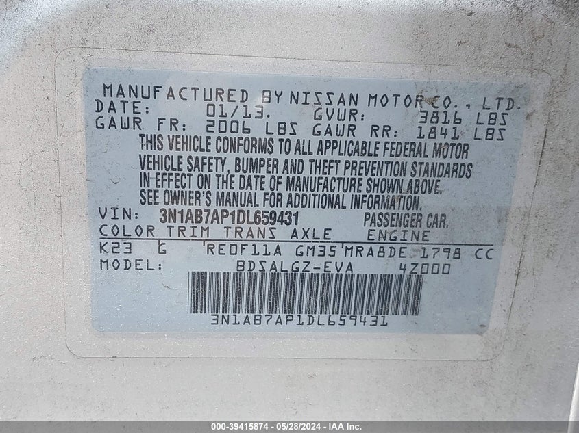 2013 Nissan Sentra Sl VIN: 3N1AB7AP1DL659431 Lot: 39415874