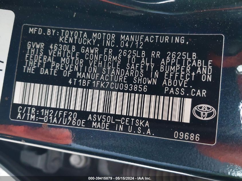 2012 Toyota Camry Se VIN: 4T1BF1FK7CU093856 Lot: 39415879