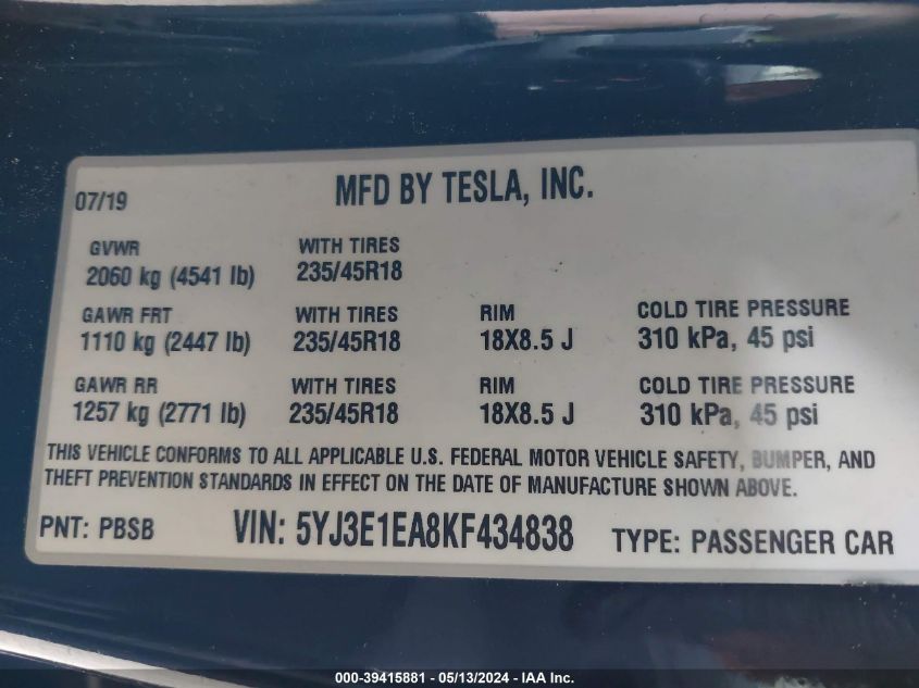 2019 Tesla Model 3 Long Range/Mid Range/Standard Range/Standard Range Plus VIN: 5YJ3E1EA8KF434838 Lot: 39415881