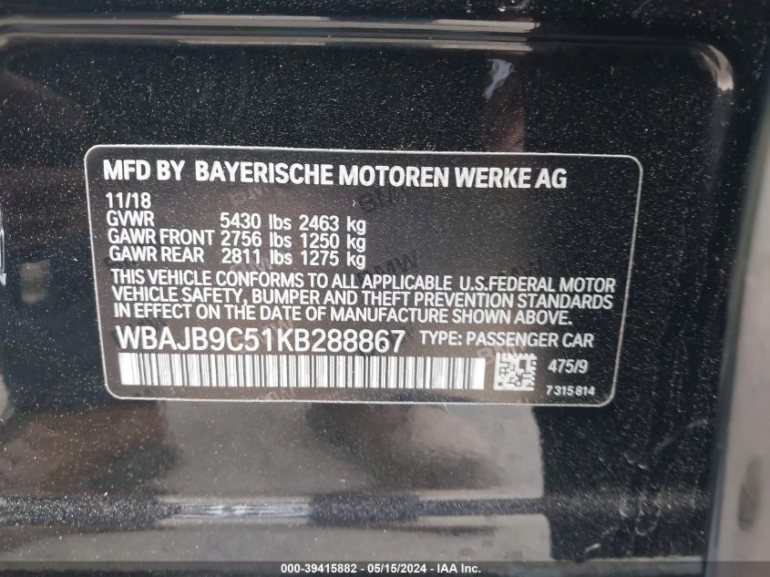 2019 BMW M550I xDrive VIN: WBAJB9C51KB288867 Lot: 39415882