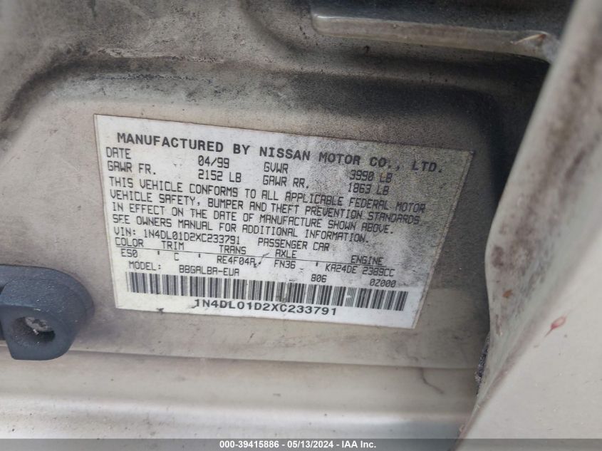 1999 Nissan Altima Gle/Gxe/Se/Se-L/Xe VIN: 1N4DL01D2XC233791 Lot: 39415886