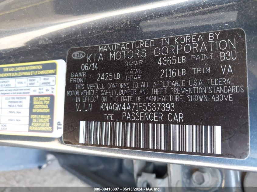 2015 Kia Optima Lx VIN: KNAGM4A71F5537393 Lot: 39415897