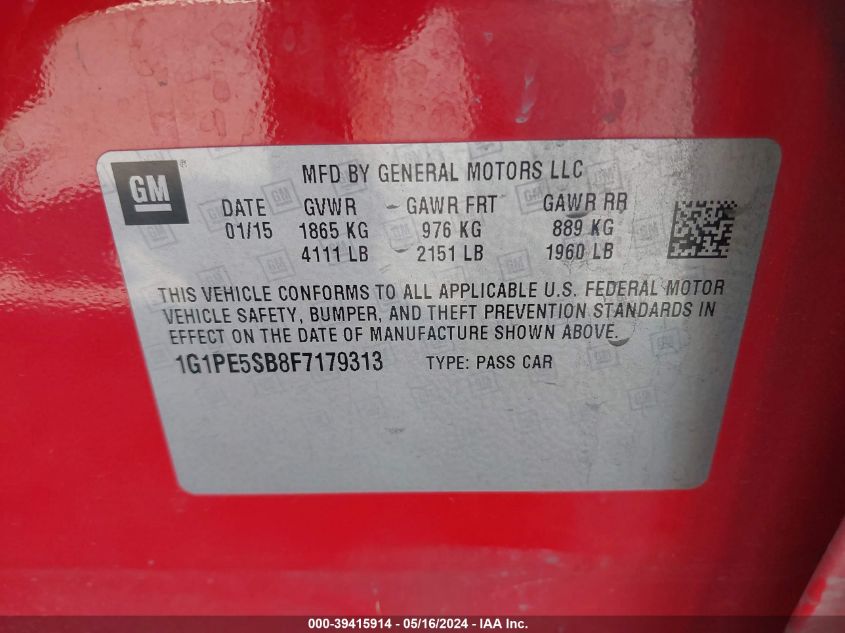 2015 Chevrolet Cruze 2Lt Auto VIN: 1G1PE5SB8F7179313 Lot: 39415914