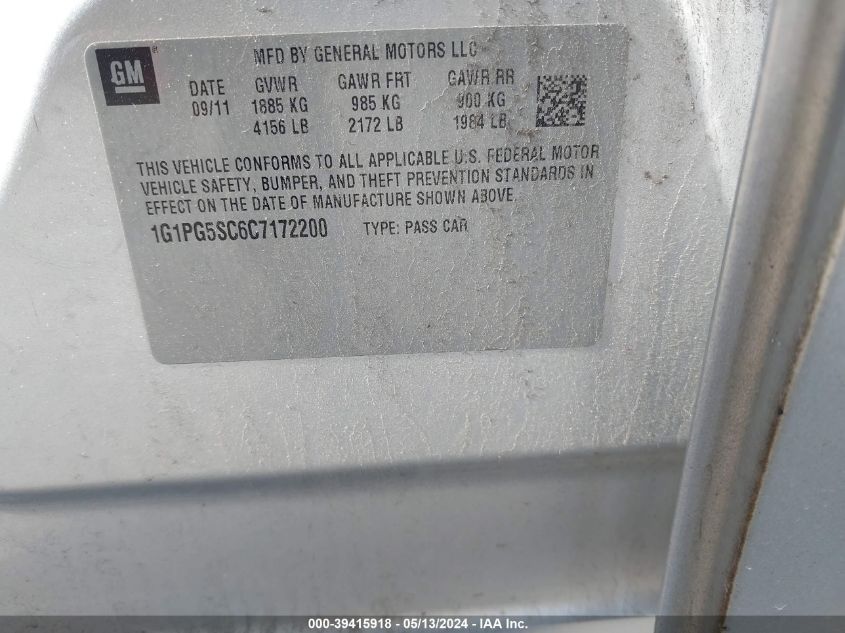 2012 Chevrolet Cruze 2Lt VIN: 1G1PG5SC6C7172200 Lot: 39415918