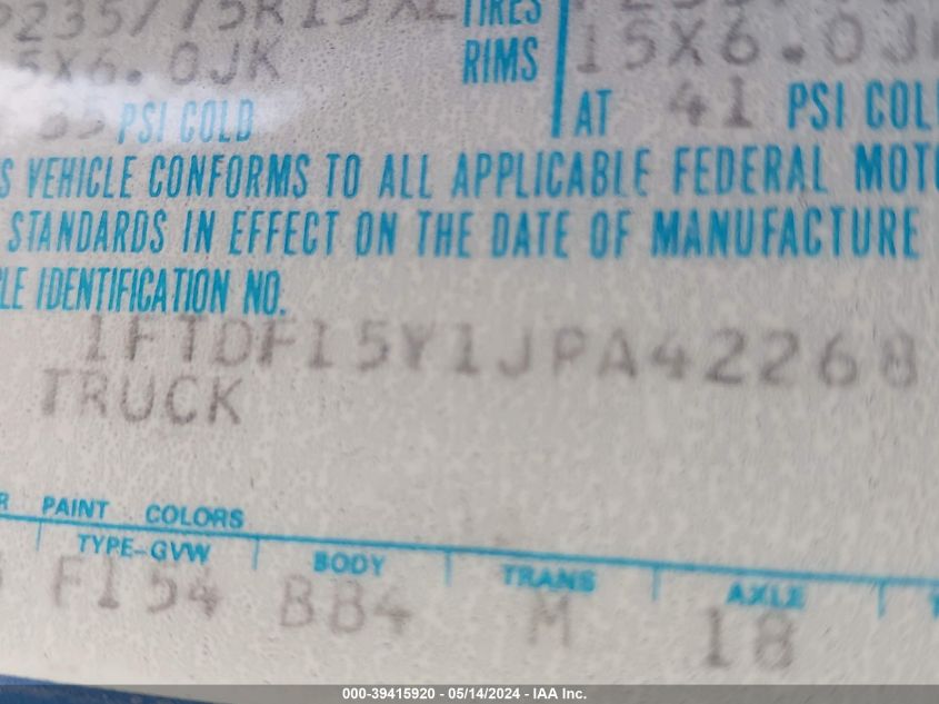 1988 Ford F150 VIN: 1FTDF15Y1JPA42268 Lot: 39415920