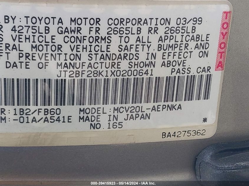 1999 Toyota Camry Le V6 VIN: JT2BF28K1X0200641 Lot: 39415923