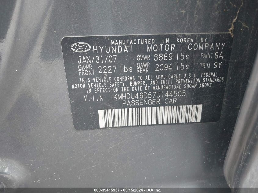 2007 Hyundai Elantra Gls/Limited/Se VIN: KMHDU46D57U144505 Lot: 39415937