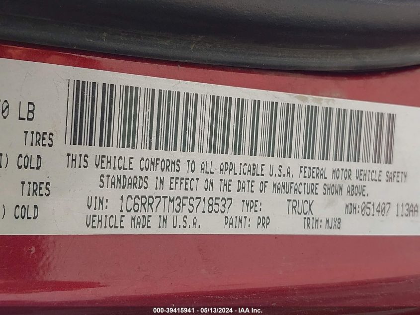 2015 Ram 1500 Big Horn VIN: 1C6RR7TM3FS718537 Lot: 39415941