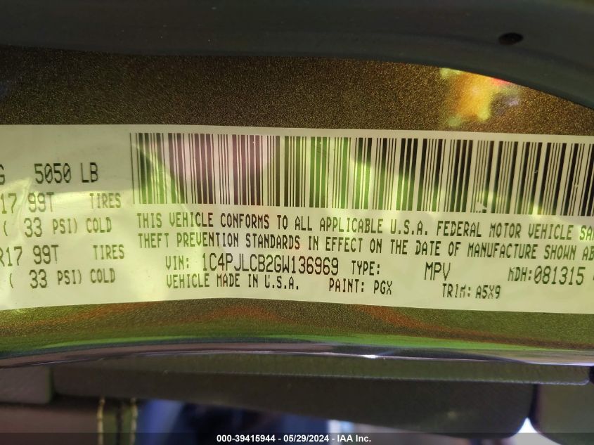 2016 Jeep Cherokee Latitude VIN: 1C4PJLCB2GW136969 Lot: 39415944