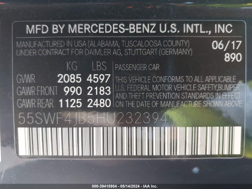 2017 Mercedes-Benz C 300 Luxury/Sport VIN: 55SWF4JB5HU232394 Lot: 39415954