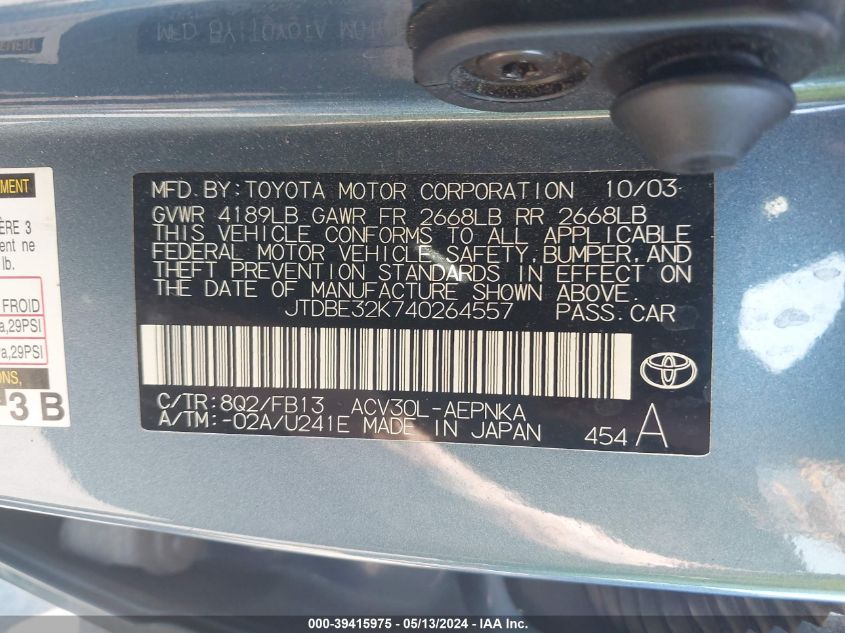 JTDBE32K740264557 2004 Toyota Camry Le