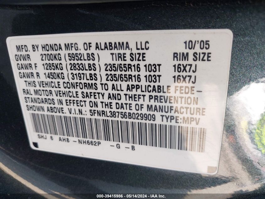 2006 Honda Odyssey Ex-L VIN: 5FNRL38756B029909 Lot: 39415986