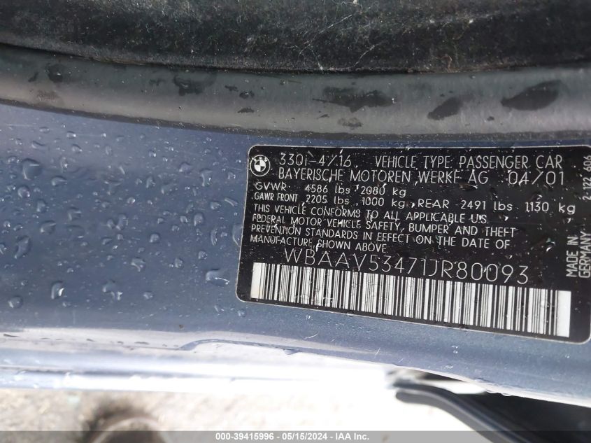 2001 BMW 330I VIN: WBAAV53471JR80093 Lot: 39415996