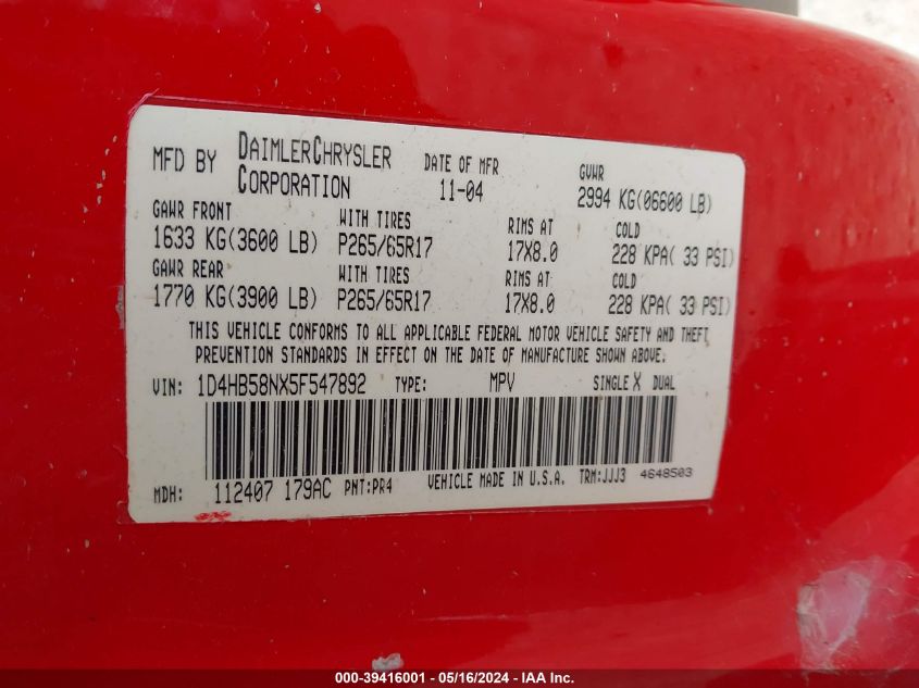 2005 Dodge Durango Limited VIN: 1D4HB58NX5F547892 Lot: 39416001