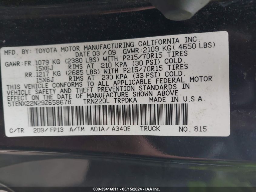 2009 Toyota Tacoma VIN: 5TENX22N29Z658678 Lot: 39416011