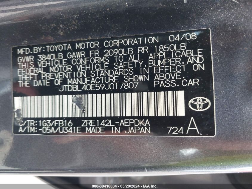 2009 Toyota Corolla Le VIN: JTDBL40E59J017807 Lot: 39416034