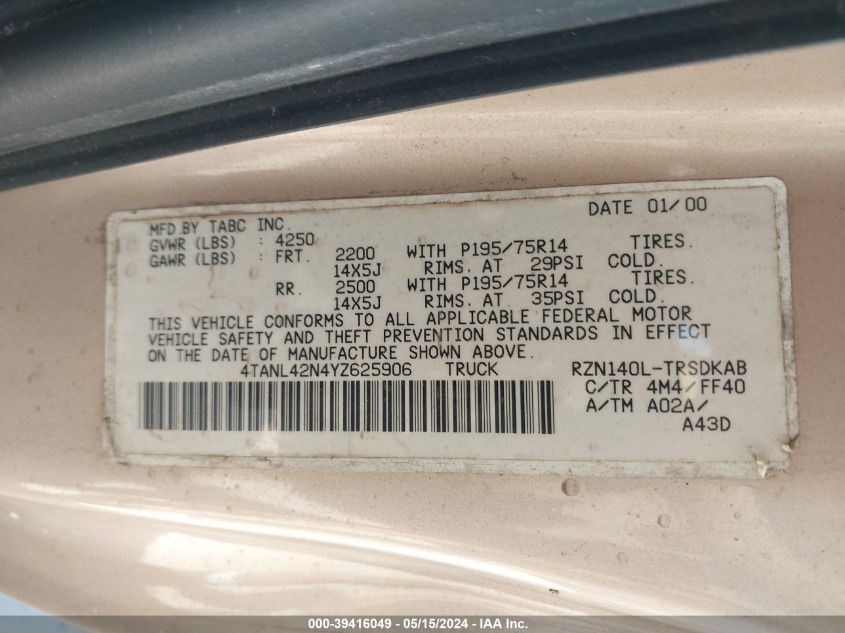 2000 Toyota Tacoma VIN: 4TANL42N4YZ62590 Lot: 39416049